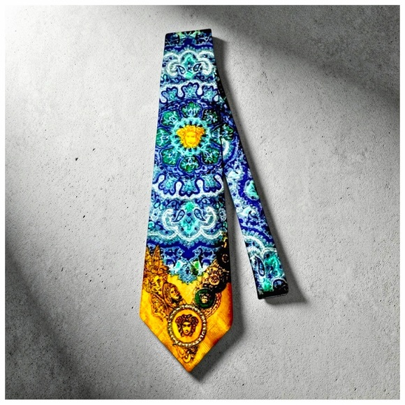 Versace Other - Versace Medusa Silk Tie – Blue, Green & Gold Baroque Print – Italy